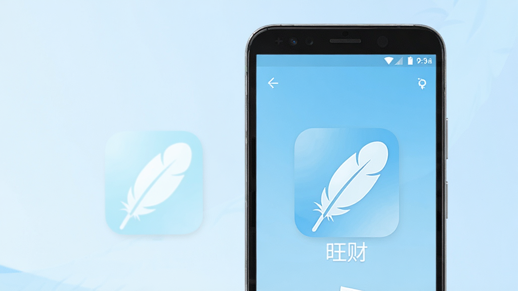 一部安卓手机屏幕显示“旺财”应用界面,界面中一个轻盈的羽毛图标与手机并排展示,象征轻量运行,背景为淡蓝色渐变,风格简洁清新,画质清晰,干净无多余元素