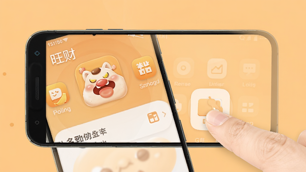 一部安卓手机展示“旺财”应用的主界面,界面布局清晰,功能图标排列整齐,旁边有一个手指正在点击屏幕的示意动作,背景为温暖的浅橙色,风格简约明快,画质清晰,无多余元素