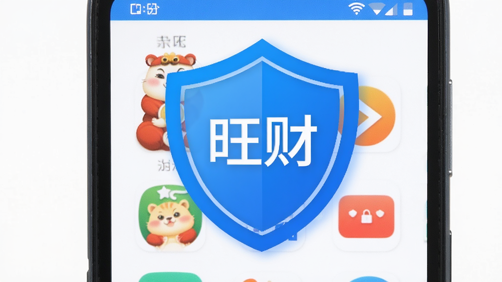 一部安卓手机屏幕显示“旺财”应用界面,屏幕周围环绕一个蓝色的安全盾牌图标,象征安全防护,背景为干净的白色,风格商务简约,画质清晰,无多余元素