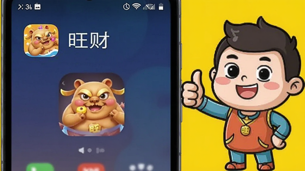 一部安卓手机屏幕显示“旺财”应用界面,屏幕旁边有一个卡通人物竖起大拇指点赞,背景为明亮的黄色,风格轻松活泼,画质清晰,无多余元素