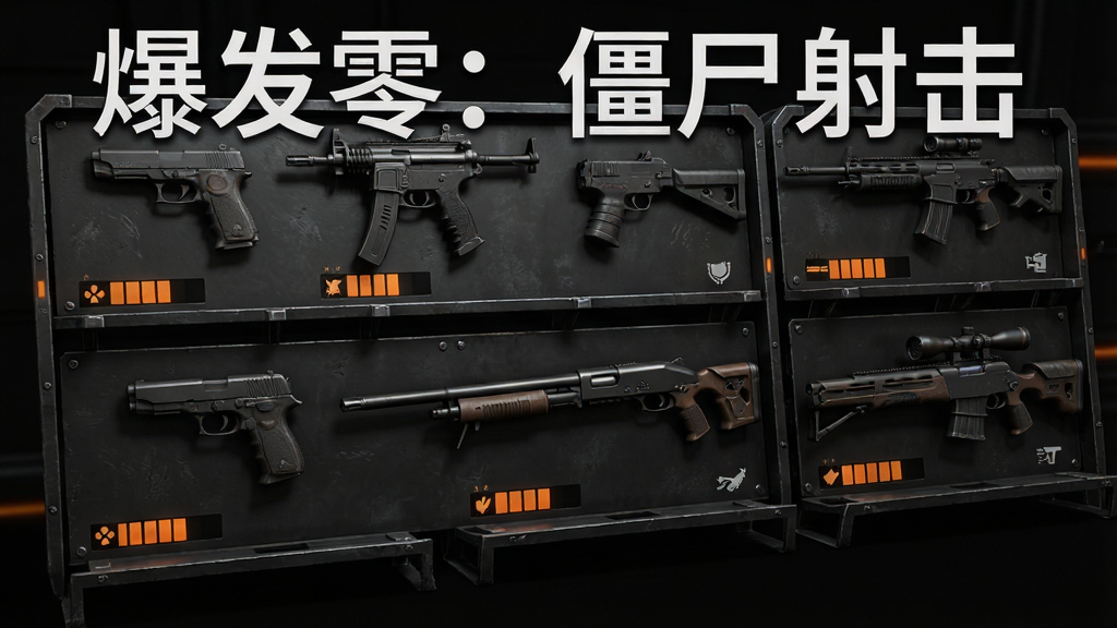 一张游戏内武器库界面截图风格的图片,画面展示多把不同型号的枪械整齐排列在深色金属质感的展示架上,包括手枪、冲锋枪、霰弹枪和狙击枪,每把枪械下方有简洁的属性条图标,背景为暗黑色调搭配橙色高光,整体风格硬朗写实,画质高清、干净、无多余元素,画面中打上文字“爆发零:僵尸射击”