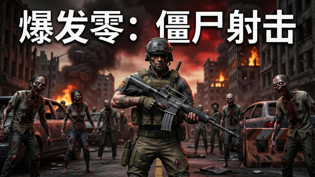 一幅末日废土风格的游戏主视觉图,画面中央是手持突击步枪的幸存战士,背景是被僵尸群包围的破败城市街道,天空中弥漫着浓烟与暗红色光芒,地面散落废弃车辆与路障,风格为写实3D游戏宣传图,细节包括战士的战术装备、僵尸的腐烂皮肤与破损衣物、远处燃烧的建筑物,画质高清、干净、无多余元素,画面中打上文字“爆发零:僵尸射击”