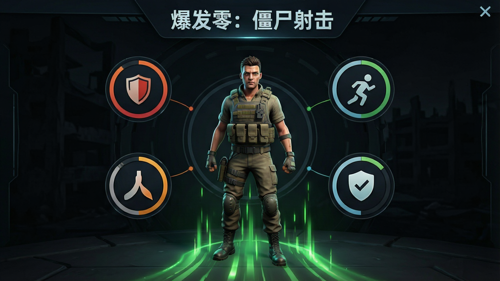 一张游戏角色成长界面的概念图,画面中央是一名穿着战术背心的幸存者角色,周围环绕着四个圆形图标代表生命、速度、火力、防御属性,背景为暗色科技感界面,地面有绿色经验值光效向上流动,风格为3D游戏UI概念图,画质高清、干净、无多余元素,画面中打上文字“爆发零:僵尸射击”