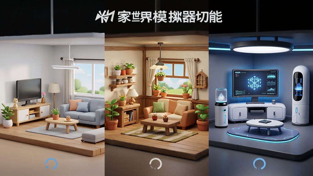 米家世界模拟器场景切换功能展示图,主体为三种不同风格的房间并排展示,布局为横向三栏对比,排版整齐,风格统一为卡通渲染,细节包含现代简约、温馨田园、科技未来三种主题的家具与设备,画质清晰干净,无多余元素