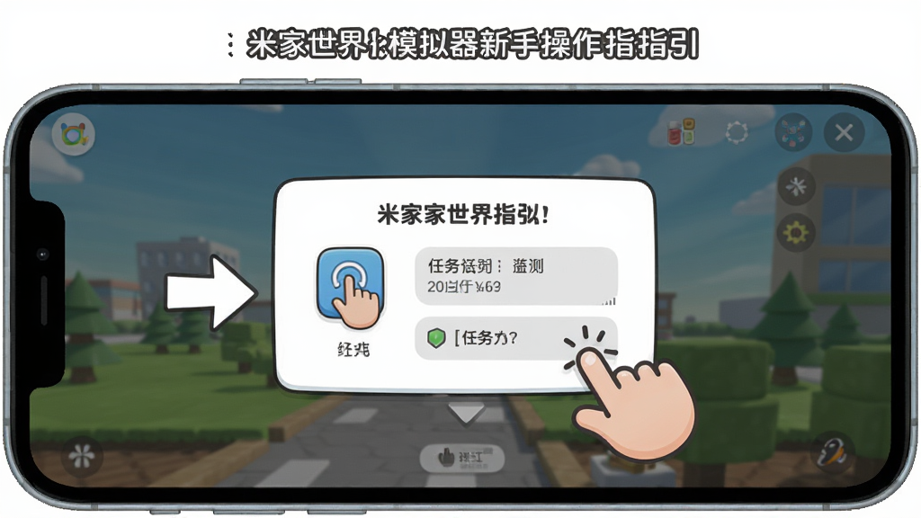 米家世界模拟器新手操作指引图,主体为手机屏幕展示软件新手引导界面,布局为居中弹窗加箭头指示,排版清晰,风格卡通简洁,细节包含手指点击图标、任务提示文字,画质高清干净,无多余元素