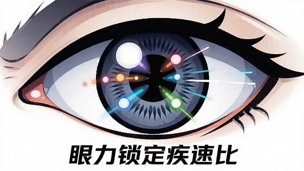 一幅AI生成的插图,画面主体为一只风格化的眼睛特写,瞳孔中反射出多个移动的彩色光点,布局采用中心对称构图,排版上眼睛占据画面中央,风格为未来科技感插画,细节上光点带有运动拖尾效果,画质高清,背景干净无杂物,画面中下方带有文字“眼力锁定疾速比”