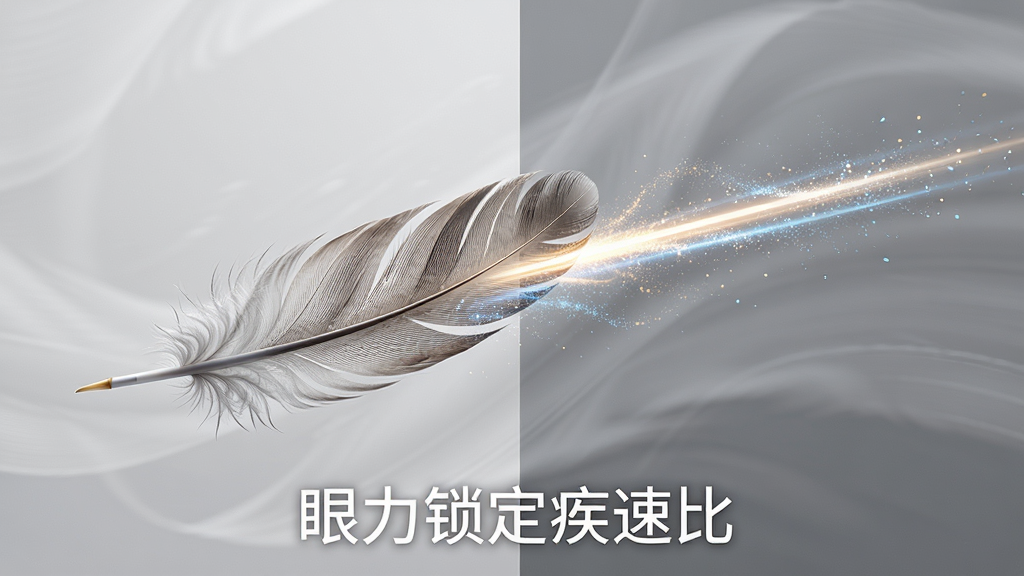 一张表现轻盈与速度感的抽象AI图,画面主体为一片羽毛与一道光速轨迹并行,布局为左右对比构图,排版简洁,风格为极简主义,细节上羽毛纹理细腻,光轨带有粒子效果,画质高清,背景为浅灰色,画面干净无多余元素,底部带有文字“眼力锁定疾速比”