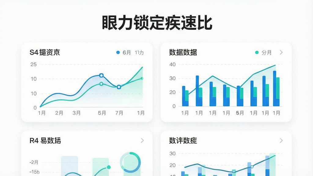 一张展示手机应用数据面板的AI图片,画面主体为简洁的数据卡片,卡片上显示折线图与柱状图,布局为上下排列,排版规整,风格为现代UI设计,细节上图表颜色使用蓝绿配色,背景为纯白,画质清晰,画面干净,顶部带有文字“眼力锁定疾速比”