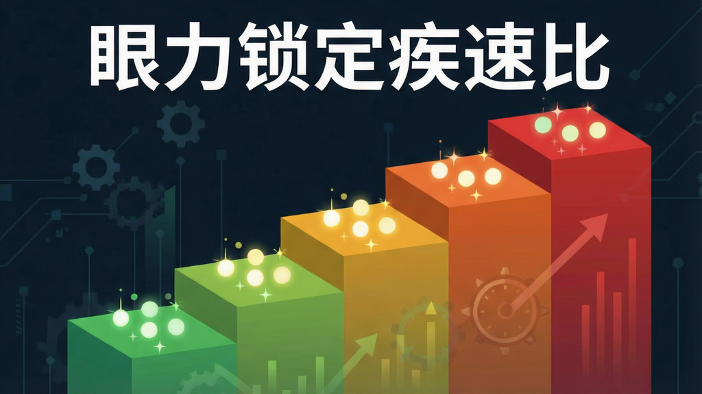 一张信息图表风格的AI生图,画面主体为阶梯式上升的难度条,每一级台阶上放置着不同数量的闪烁圆点,布局为从左下到右上的对角线构图,排版清晰有序,风格为扁平化信息图,细节上台阶颜色由绿渐变至红,画质干净锐利,画面顶部带有文字“眼力锁定疾速比”