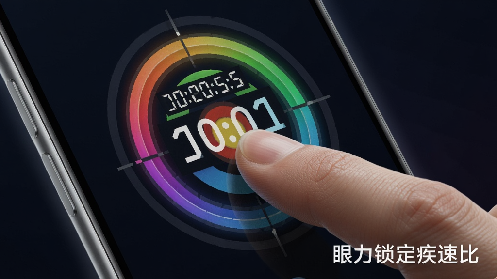 一张展示手机屏幕边缘带有轻微光晕的AI图,画面主体为一只手指正在点击屏幕上的彩色目标,布局为特写构图,排版上手指与目标位于画面中心偏下,风格为写实科技风,细节上目标带有数字倒计时,画质清晰,背景为深色渐变,画面干净,右下角带有文字“眼力锁定疾速比”