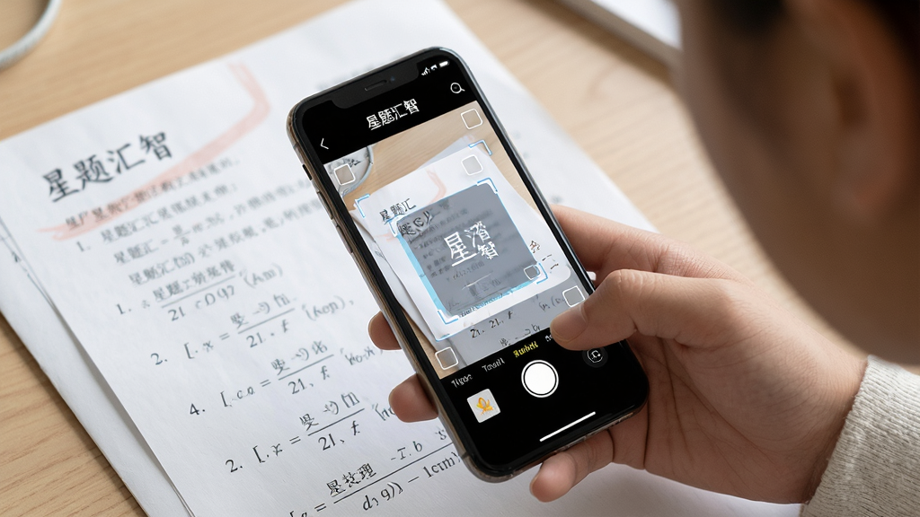 一位学生手持智能手机,使用“星题汇智”APP对准桌面上的数学试卷进行拍照,手机屏幕显示识别框和正在提取题目的动画效果,布局为近景特写,风格清新写实,细节包含试卷纹理、手机界面元素、柔和光线,画质高清、干净、无多余元素