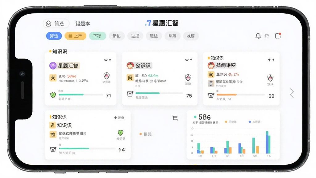 “星题汇智”APP内部错题本界面,主体为手机屏幕展示,布局为顶部筛选标签栏、中部错题卡片流、底部统计图表,排版清晰有序,风格为扁平化教育应用风,细节包含彩色标签、进度条、知识点图标,画质高清、干净、无多余元素
