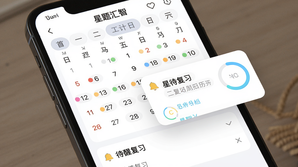 一部手机屏幕显示“星题汇智”复习计划日历界面,主体为日历视图与提醒弹窗,布局为上方月份导航、中部日期网格、下方待复习列表,排版规整,风格为柔和圆角卡片风,细节包含彩色圆点标记、铃铛图标、进度环,画质高清、干净、无多余元素
