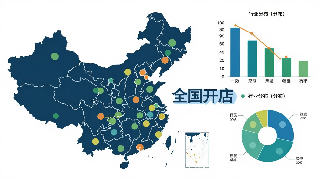 一副信息图表风格的插画,画面左侧是中国地图轮廓,地图上散布着不同颜色的圆点标记,右侧是柱状图和饼图展示行业分布,画面中央有