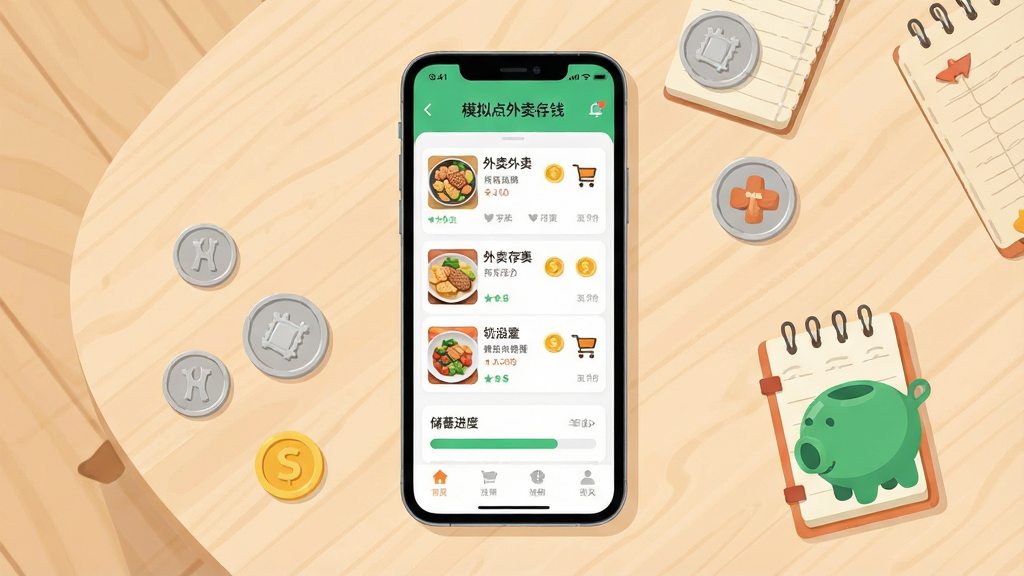 主体为一部智能手机放置于浅色木质桌面,屏幕显示模拟点外卖存钱应用主界面,界面包含外卖店铺列表、购物车和储蓄进度条;布局采用居中俯视视角,手机旁散落几枚硬币与一本迷你账本;排版简洁有序,风格为清新扁平化UI插画,细节包括食物图标、金币符号、绿色储蓄罐元素;画质高清,干净,无多余元素,文字清晰显示“模拟点外卖存钱”