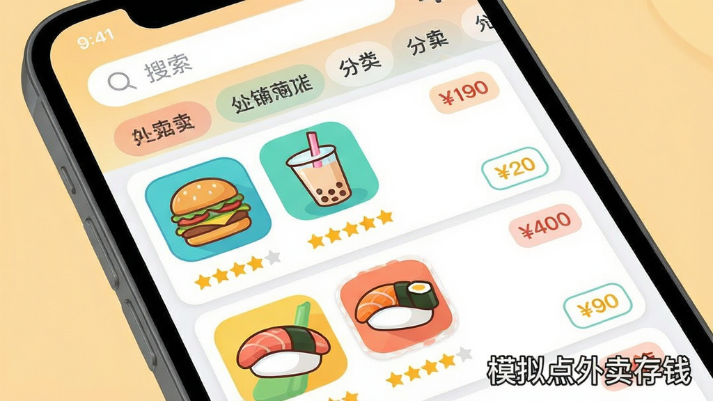 主体为手机屏幕特写,展示模拟点外卖存钱应用中的虚拟外卖店铺列表界面,店铺图标包含汉堡、奶茶、寿司等;布局为竖向滚动列表,顶部有搜索框和分类标签;排版整齐,风格为明快多彩的卡通扁平化设计,细节包括价格标签、评分星星和“模拟点外卖存钱”水印;画质高清,干净,无多余元素