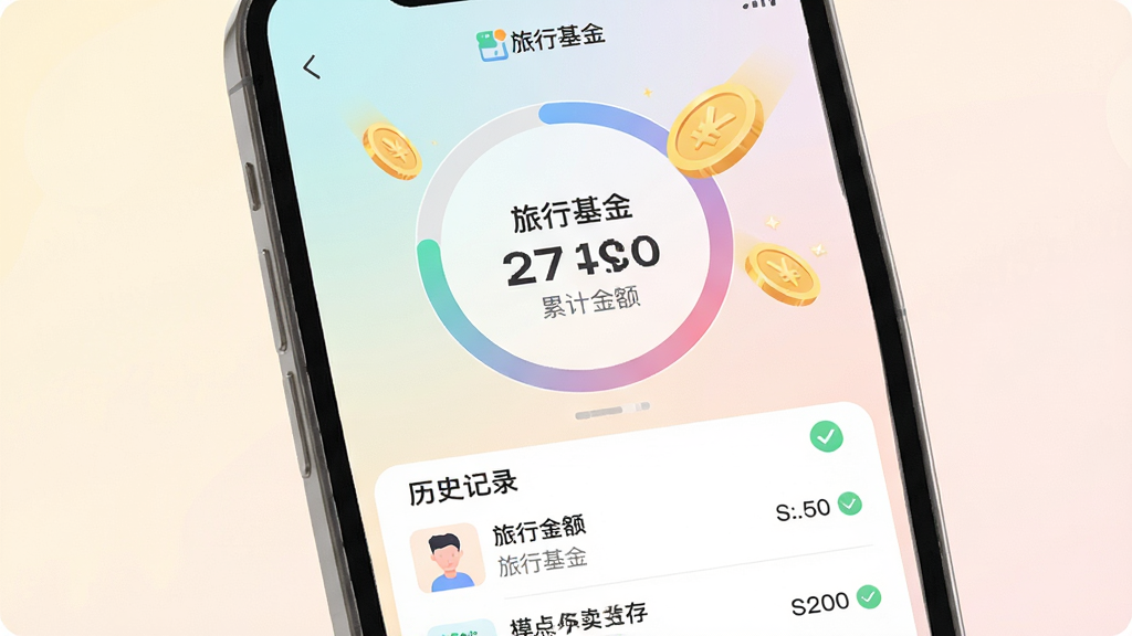 主体为手机屏幕显示模拟点外卖存钱应用的储蓄目标管理页面,包含环形进度条、目标名称文字“旅行基金”和累计金额数字;布局为上下结构,上方进度环,下方为历史记录列表;排版清晰,风格为柔和渐变配色扁平化插画,细节包括金币飘落动画、对勾图标和“模拟点外卖存钱”标识;画质高清,干净,无多余元素