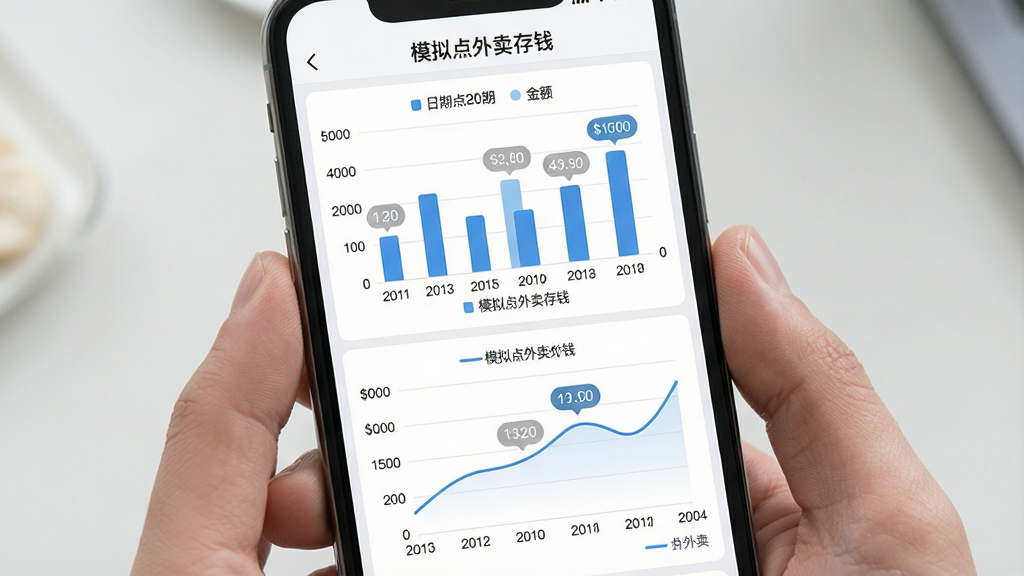 主体为手机屏幕展示模拟点外卖存钱应用的数据统计页面,包含柱状图和折线图,横轴为日期,纵轴为金额;布局为上下两个图表区域,上方柱状图下方折线图;排版整洁,风格为简约商务浅色系数据可视化,细节包括图例标签、数值气泡和“模拟点外卖存钱”标题;画质高清,干净,无多余元素