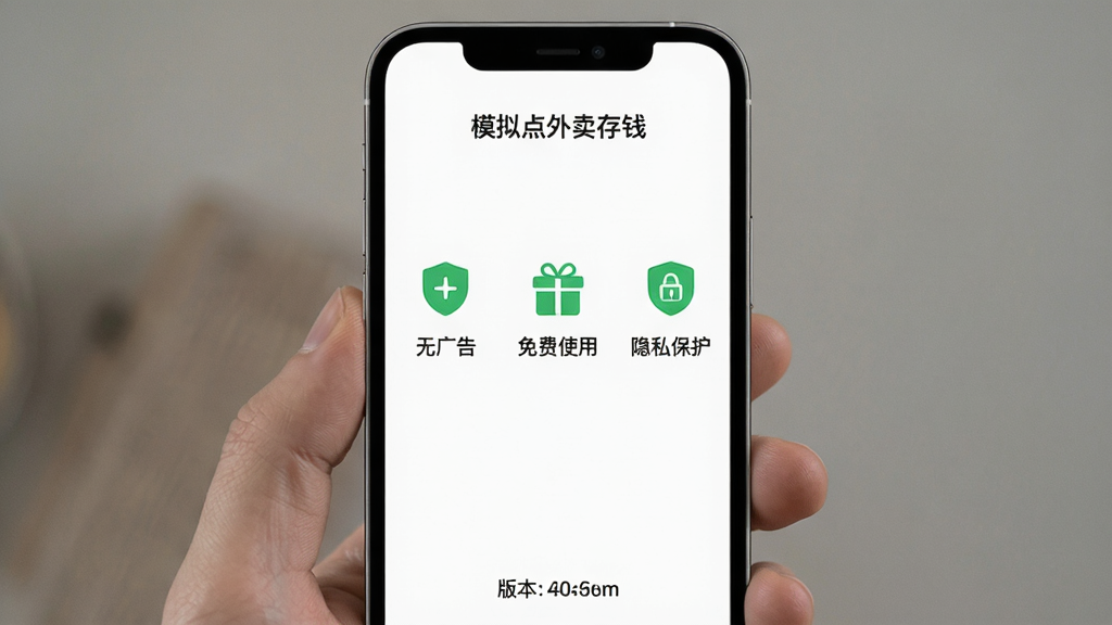 主体为手机屏幕显示模拟点外卖存钱应用设置页面,包含“无广告”“免费使用”“隐私保护”三个图标按钮;布局为居中三列图标排列,下方有版本信息;排版对称,风格为极简白色背景搭配绿色点缀,细节包括盾牌图标、礼物盒图标和“模拟点外卖存钱”文字;画质高清,干净,无多余元素
