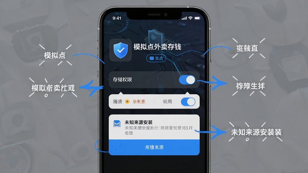 主体为手机屏幕显示模拟点外卖存钱应用的安装权限设置界面,包含存储权限开关和未知来源安装提示;布局为手机竖屏截图风格,带有箭头标注和文字说明;排版清晰,风格为科技感深色背景搭配蓝色高亮,细节包括盾牌安全图标和“模拟点外卖存钱”名称;画质高清,干净,无多余元素