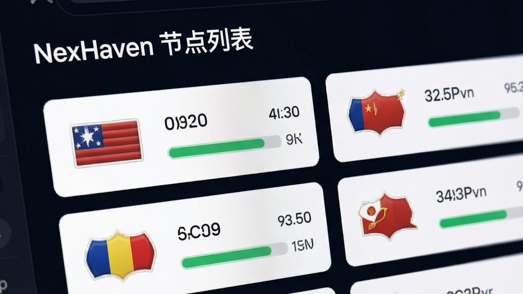 画面为 NexHaven 节点列表页面的特写,列表以卡片形式排列,每张卡片左侧有国家或地区标识,右侧显示延迟数值与信号强度条。背景为深色模式界面,文字清晰锐利。风格为 UI 设计展示图,排版整齐,细节干净,无多余元素,画面中文字为“NexHaven 节点列表”。