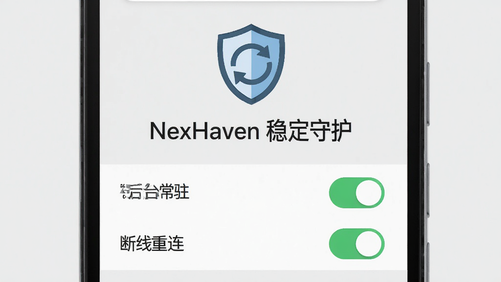 一部安卓手机显示 NexHaven 设置页面,页面中有“后台常驻”与“断线重连”两个开关选项,开关呈开启状态。手机上方有一个盾牌与循环箭头组合图标。背景为干净的浅灰色。风格为扁平化图标设计,排版简洁,画质干净,无多余元素,画面中文字为“NexHaven 稳定守护”。