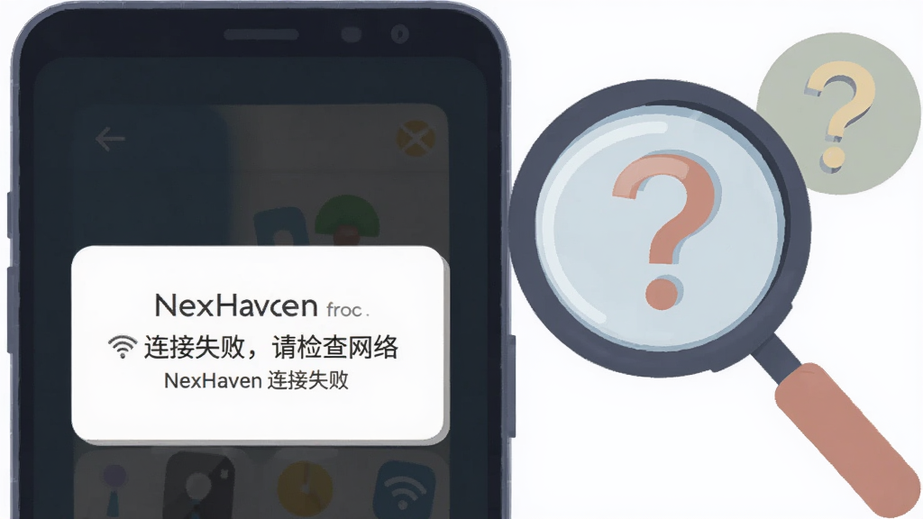 一部安卓手机显示 NexHaven 错误提示弹窗,弹窗内容为“连接失败,请检查网络”,手机屏幕背景为深色。手机旁边放着一个放大镜与一个问号图标。风格为扁平化插画,色彩柔和,排版简洁,画质干净,无多余元素,画面中文字为“NexHaven 连接失败”。