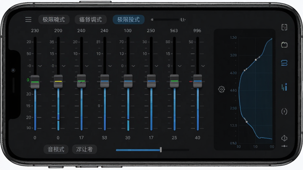 音极限均衡器调节界面,主体为手机屏幕中的多段均衡器滑块面板,布局为纵向滑块排列,排版规整,风格为深色科技风,细节包含频段刻度、预设模式标签、实时曲线图,画质高清,画面干净,无多余元素