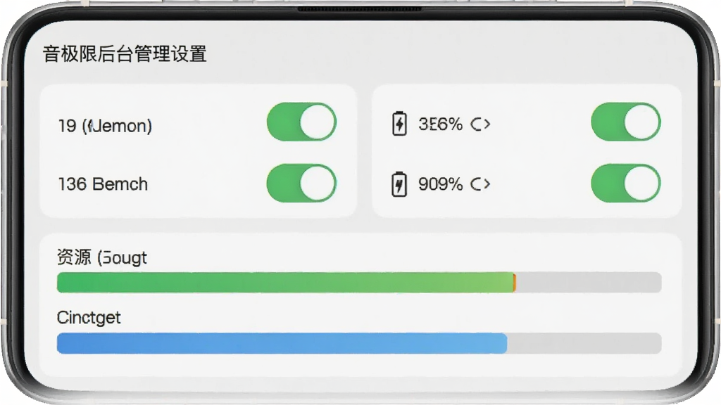 音极限后台管理设置界面,主体为手机屏幕中的开关列表与资源占用指示条,布局为上下结构,排版简洁,风格为浅灰质感极简风,细节包含内存占用百分比、电量消耗图标、后台开关按钮,画质清晰,画面干净,无多余元素