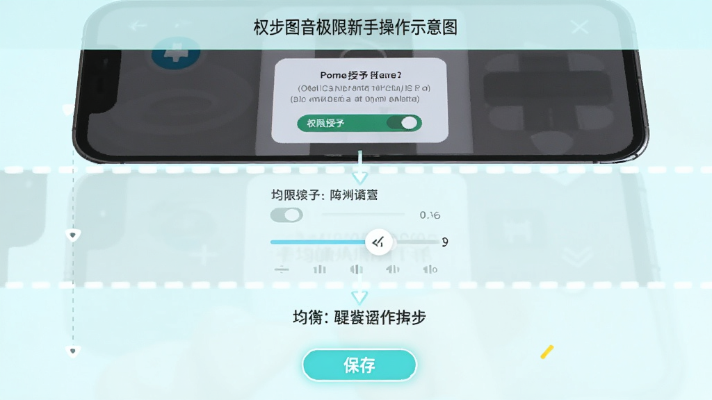 音极限新手操作示意图,主体为手机屏幕展示权限授予弹窗与均衡器调节步骤,布局为分步图解形式,排版从上到下依次排列,风格为清新浅色教程风,细节包含权限开关、滑块拖动示意、保存按钮高亮,画质清晰,画面干净,无多余元素