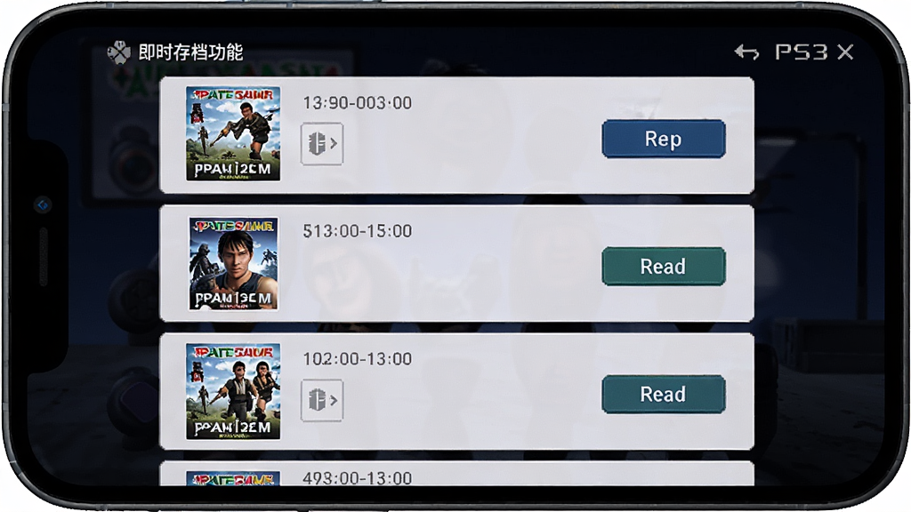 PS3模拟器即时存档功能界面截图,主体为手机屏幕显示存档槽位列表,布局为纵向排列的存档卡片,风格游戏UI风,细节包括存档时间、游戏封面缩略图与读取按钮,画质清晰,干净,无多余元素