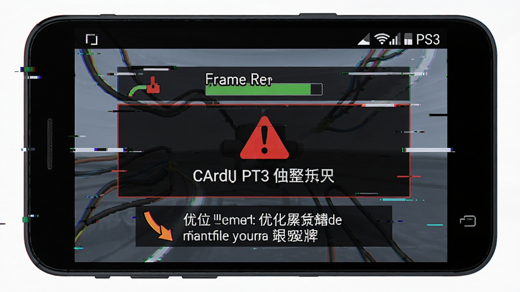 一张展示安卓手机运行PS3模拟器时出现卡顿提示的示意图,主体为手机屏幕显示帧率下降与温度警告,布局为居中特写,风格故障诊断风,细节包括红色警告图标与优化建议文字,画质清晰,干净,无多余元素