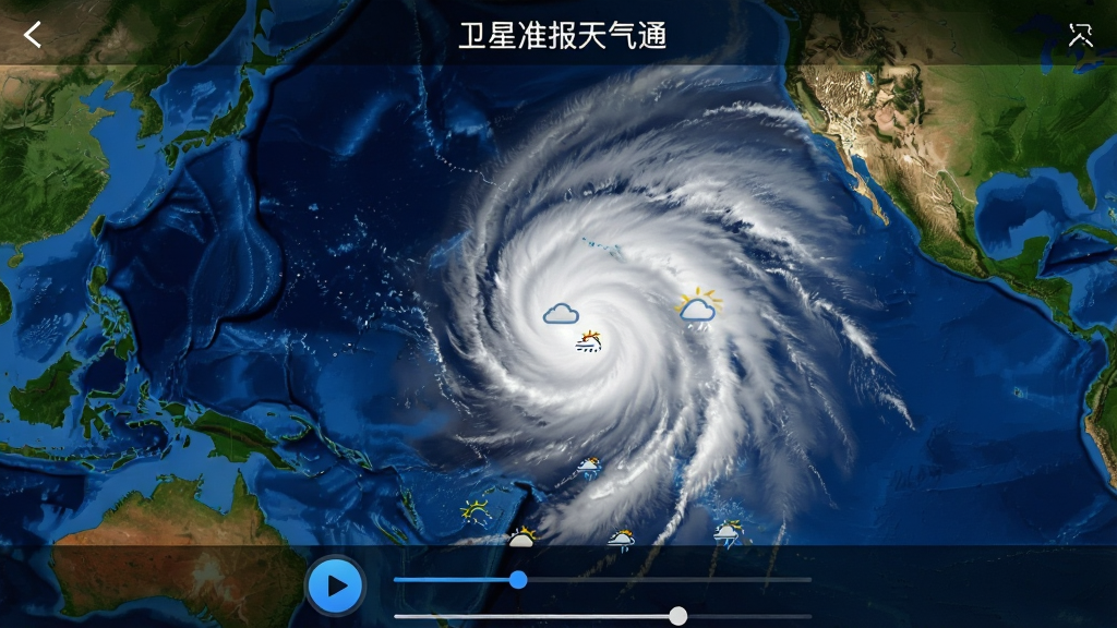 一张手机应用界面截图风格的图片,画面中央是卫星准报天气通的卫星云图页面,云层以白色和浅灰色呈现,背景是深蓝色海洋与绿色陆地轮廓,界面顶部有