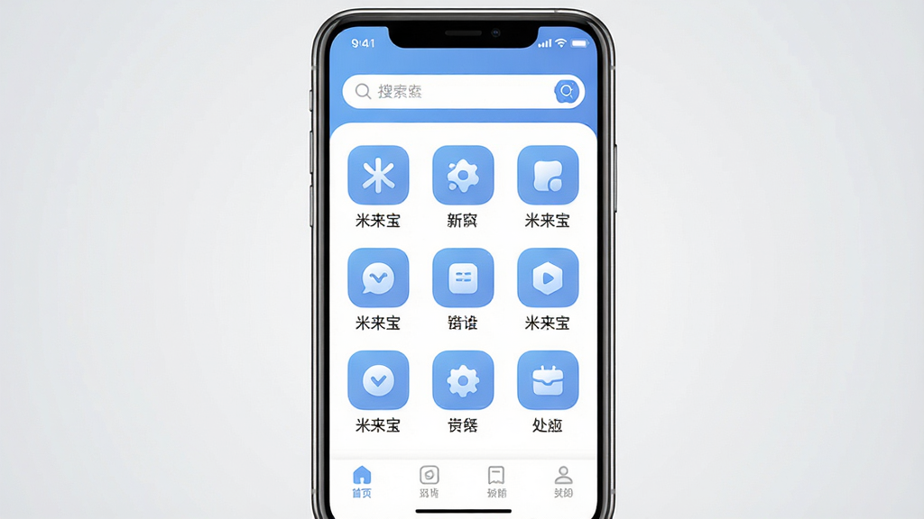 一张展示米来宝官方正版应用界面的手机预览图,主体为一部现代智能手机,屏幕中央显示米来宝APP的首页布局,包含顶部搜索栏、中部功能图标网格和底部导航菜单,布局简洁清晰,排版居中对称,风格为现代扁平化UI设计,细节上图标圆润、色彩柔和以蓝色和白色为主色调,画质高清干净无多余元素,背景为浅灰色渐变,图片中文字标注“米来宝”