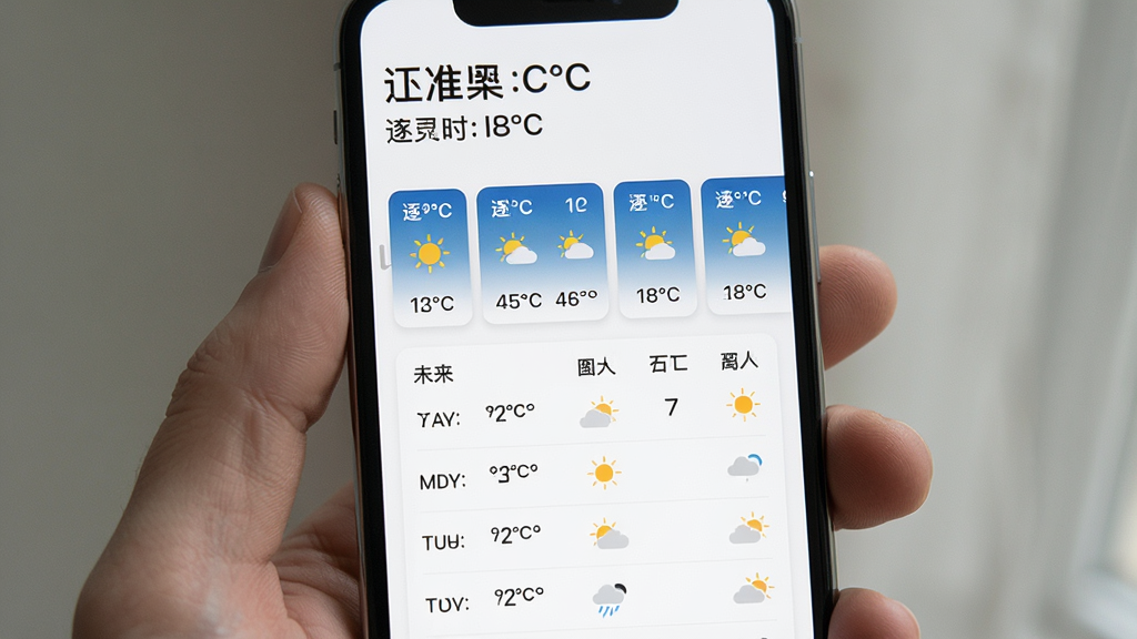 一张手机屏幕展示卫星准报天气通多日预报界面的图片,界面上方是城市名称和当前温度,中间是横向滑动的逐时天气卡片,下方是未来七天的天气列表,包含温度区间和天气图标,背景为白色卡片式布局,风格清新简洁,画质清晰,无多余元素