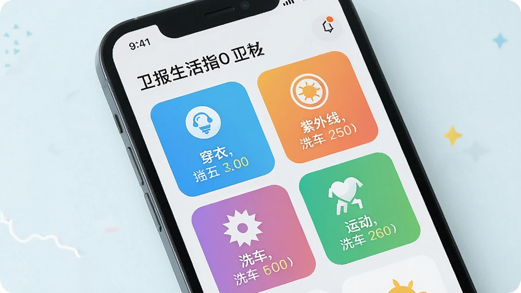 一张手机屏幕展示卫星准报天气通生活指数页面的图片,画面中有多个彩色图标卡片,分别标注穿衣、紫外线、洗车、运动等指数,每个卡片配有简短文字说明,背景为浅色,风格活泼清爽,画质清晰,无多余元素