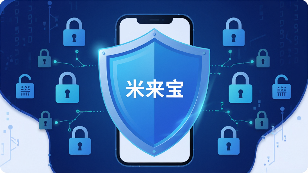 一张信息图风格的插图展示米来宝APP的安全防护功能,主体为盾牌图标与手机结合的形象,布局为中央盾牌包裹手机屏幕,四周环绕锁形图标和数据加密符号,排版居中对称,风格为扁平化科技感插画,细节上盾牌带有蓝色光泽、手机屏幕显示“米来宝”字样,画质高清干净无多余元素,背景为深蓝色渐变