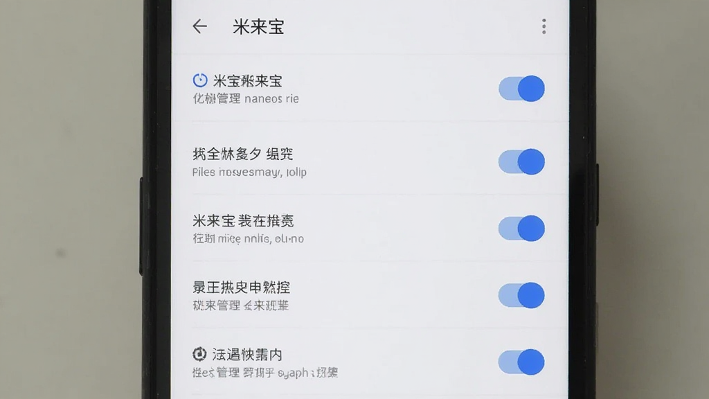 一部安卓手机屏幕显示米来宝APP的权限管理设置界面,主体为手机正面特写,布局为纵向排列的权限开关列表,每个开关旁有文字说明,排版清晰,风格为系统设置界面截图风格,细节上开关为蓝色开启状态、背景为白色,画质高清干净无多余元素,图片中文字标注“米来宝”