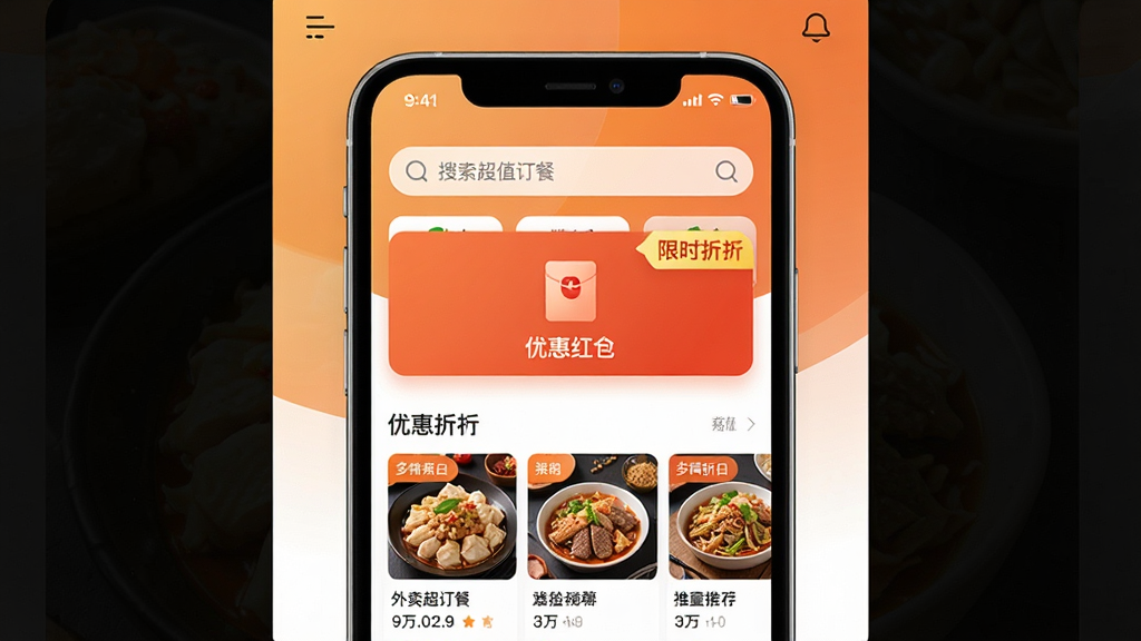 外卖超值订餐软件主界面展示图,画面中央是一部智能手机,屏幕显示外卖超值订餐APP的首页界面,包含搜索栏、优惠红包入口和美食推荐卡片,背景为温馨的橙色与白色渐变,布局简洁清晰,风格现代清爽,细节上突出红包图标和限时折扣标签,画质高清,干净无多余元素