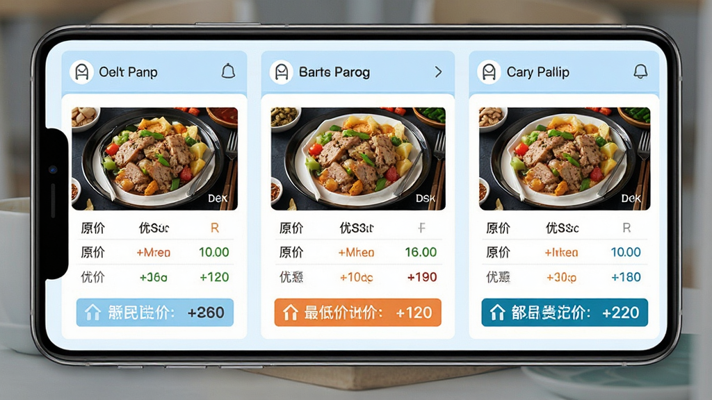 外卖超值订餐智能比价功能界面图,画面展示一部手机屏幕,屏幕上并列显示三个外卖平台的同一菜品价格对比表格,标注原价、优惠价和配送费,界面配色为浅蓝与白色,风格简洁商务,布局整齐清晰,细节上突出最低价的高亮标记,画质清晰,干净无多余元素