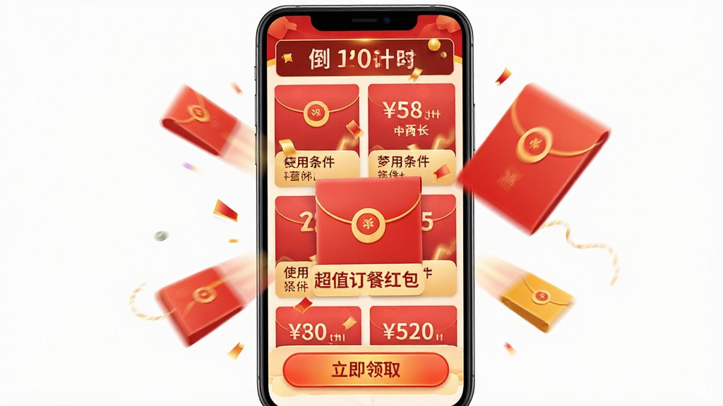 外卖超值订餐红包优惠聚合页面图,画面展示手机屏幕中排列整齐的红包卡片,每张卡片标注面额和使用条件,顶部有倒计时横幅,底部有立即领取按钮,配色以红色和金色为主,风格喜庆活泼,布局层次分明,细节上突出红包开抢的动态效果,画质高清,干净无多余元素