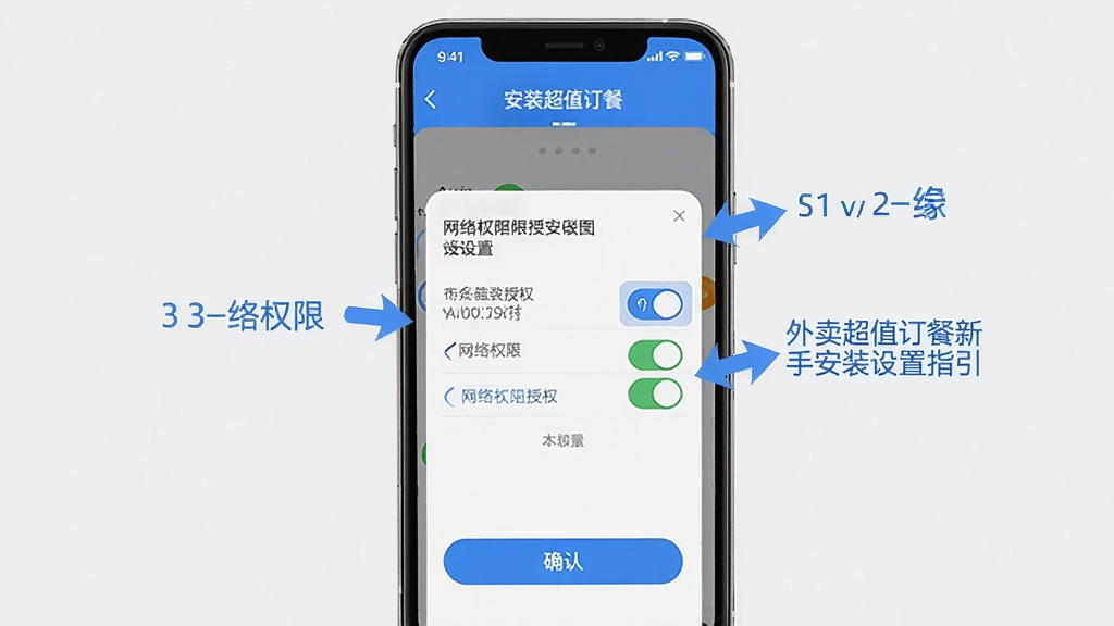 外卖超值订餐新手安装设置指引图,画面展示手机屏幕中安装权限设置和网络权限授权界面,配有箭头标注操作步骤,配色为浅灰与蓝色,风格简洁实用,布局竖向排列,细节上突出权限开关和确认按钮,画质清晰,干净无多余元素