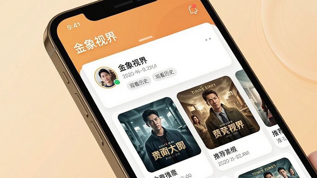 一张展示手机屏幕智能推荐页面的图片,画面中呈现“金象视界”应用内的推荐流,布局为上下滑动卡片式,风格为科技感与温馨感结合,细节包括用户头像、观看历史标签、推荐剧集封面,画质清晰,干净,无多余元素