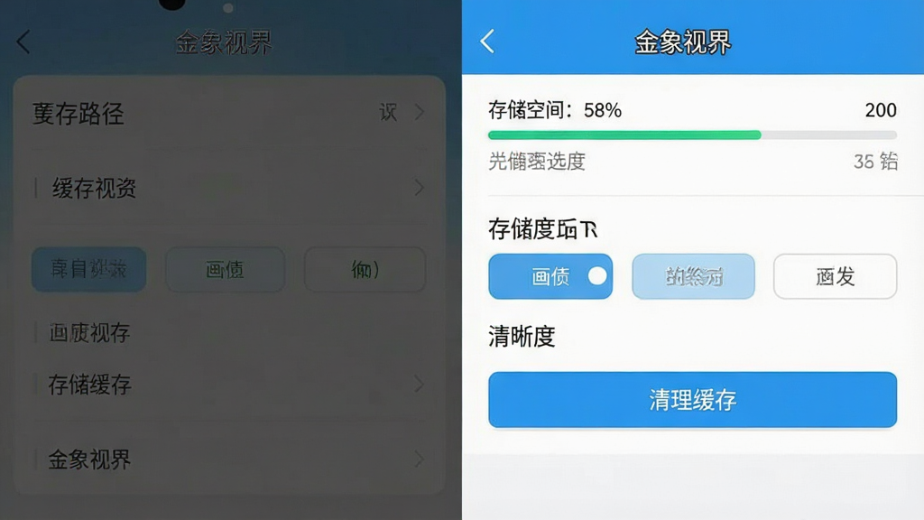 一张展示手机应用设置页面的图片,画面中呈现“金象视界”的缓存路径选择与清晰度设置界面,布局为列表式,风格为简洁实用,细节包括存储空间进度条、画质选项按钮、清理缓存按钮,画质清晰,干净,无多余元素