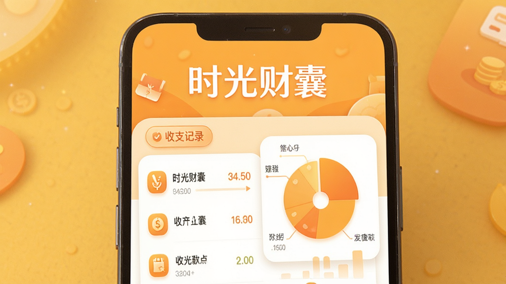 手机屏幕中央显示“时光财囊”应用界面,界面以温暖的橙黄色为主色调,顶部有“时光财囊”四个大字,下方是收支记录列表和饼状统计图,整体布局简洁清晰,采用扁平化设计风格,细节上按钮圆润、图标精致,画质高清,干净无多余元素