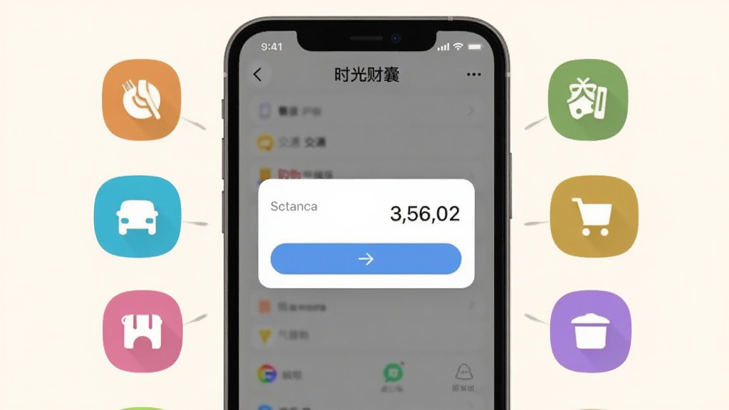 手机应用界面展示“时光财囊”的记账页面,画面中央是一个输入金额的对话框,周围环绕着餐饮、交通、购物、娱乐等彩色分类图标,背景为柔和的米白色,整体风格清新简约,布局紧凑有序,画质清晰,干净无多余元素