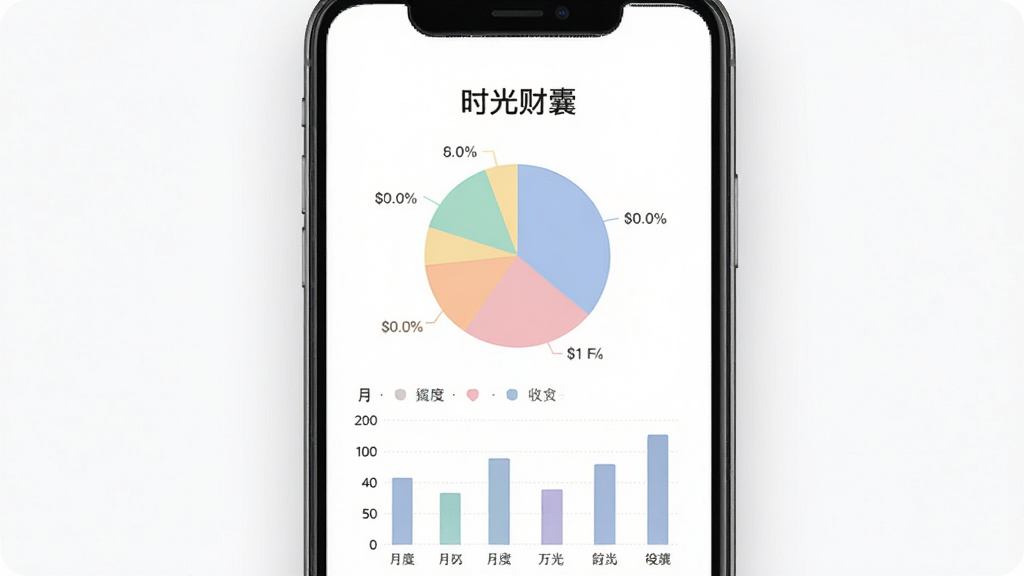 手机屏幕显示“时光财囊”的图表分析页面,画面中央是一个彩色饼图展示各项支出占比,下方有柱状图对比月度收支,顶部标题为“时光财囊”,背景为干净的白色,图表颜色柔和,排版整齐,画质高清,无多余元素