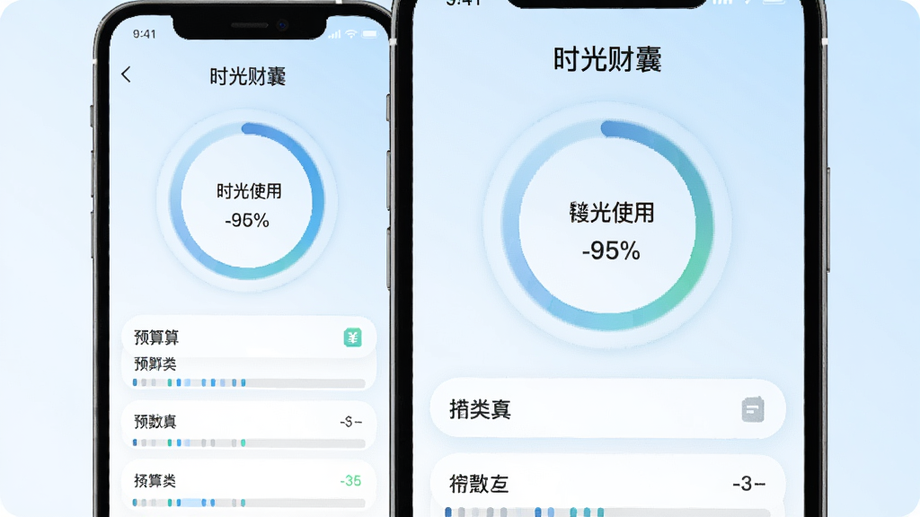 手机界面展示“时光财囊”的预算设置页面,画面中有一个圆形进度条显示预算使用情况,上方标注“时光财囊”字样,下方有多个分类预算条目,背景为浅蓝色渐变,风格清爽,布局合理,画质清晰,干净无多余元素
