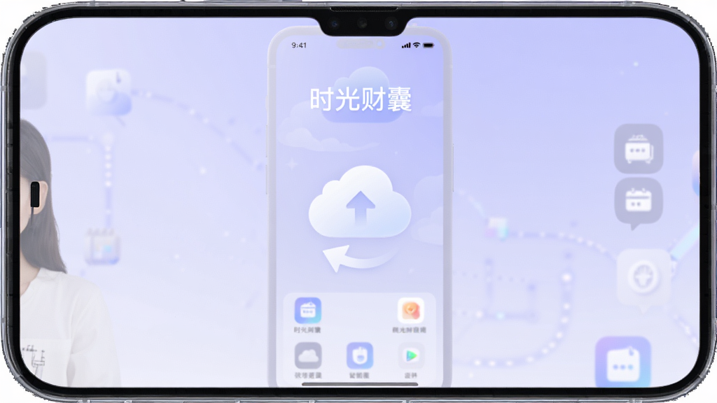 手机屏幕显示“时光财囊”的云端备份界面,画面中央有一朵云和同步箭头图标,顶部有“时光财囊”文字,背景为淡紫色,整体风格柔和科技感,布局简洁,画质高清,无多余元素