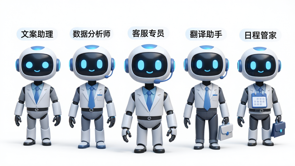 画面展示十方软件中多个AI员工角色并排站立的场景,主体为五个风格统一的AI虚拟形象,布局为横向排列,排版居中,风格为卡通科技风,细节包括每个AI角色旁标注“文案助理”“数据分析师”“客服专员”“翻译助手”“日程管家”字样,背景为白色,画质高清,干净无多余元素。